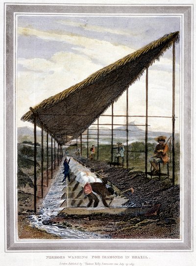 Rabszolgák, akik gyémántot mosnak, a felügyelők ostorral vigyáznak rájuk, Brazília, 1815 alkotó: Unbekannt