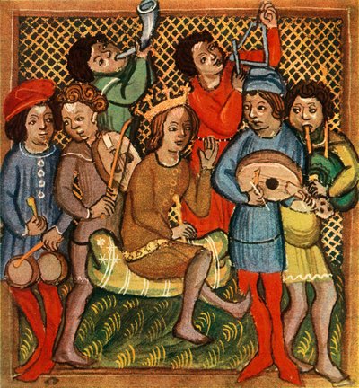 Kisdob, hegedű, kürt, háromszöglant és duda, Olomouci Biblia, 1417, 1948 alkotó: Unbekannt