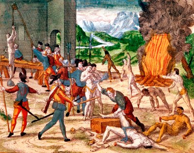 Spanyol hódítók, akik amerikai indiánokat kínoztak, 1539-1542 alkotó: Unbekannt