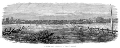 St Kilda Road, a Princes Bridge déli oldala – árvizek Melbourne-ben, Ausztráliában, 1864 alkotó: Unbekannt