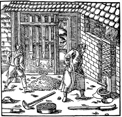 Érc sajtolása és pörkölése fém kivonására, 1556 alkotó: Unbekannt