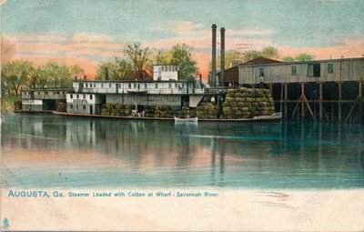 Gyapottal megrakott gőzhajó egy rakparton, Savannah River, Augusta, Georgia, 1908 alkotó: Unbekannt