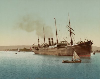 Szuezi-csatorna, hajó belép a Vörös-tengerbe Port Tewfic közelében, 1900 körül (színes fotokróm) alkotó: Unbekannt
