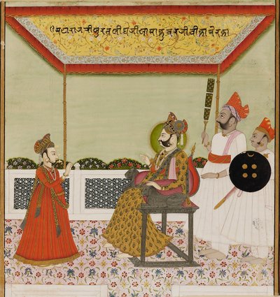 Surat Singh oroszlánkarú trónon ül, és fogadja kisfiát, c1800 alkotó: Unbekannt
