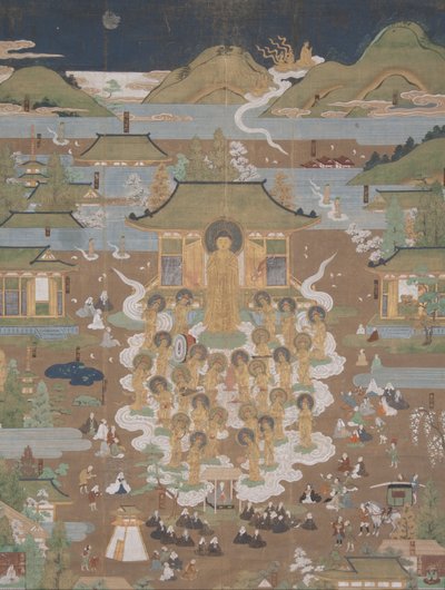 Taima Temple Mandala- Amida üdvözli Chûjôhime-t a nyugati paradicsomban alkotó: Unbekannt