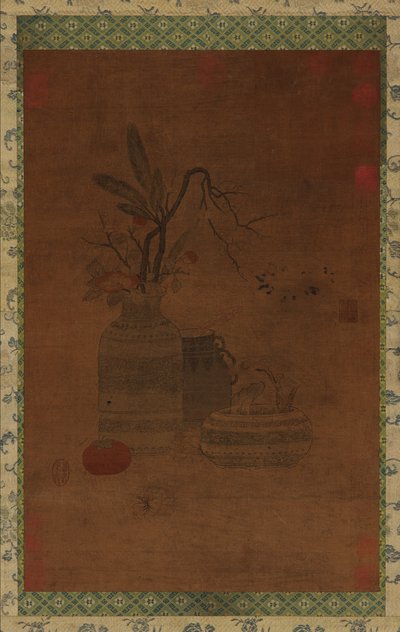 Gobelin: egy tál, két korsó, virágok és gyümölcsök, Valószínűleg Ming-dinasztia, 1368-1644. alkotó: Unbekannt
