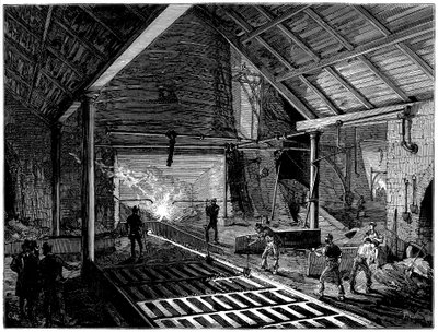 Nagyolvasztó megütögetése és olvadt vas befuttatása a disznókba, c1885 alkotó: Unbekannt