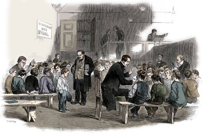 Fiúk olvasástanítása a Ragged School Union iskolában, Lambeth, London, 1868 alkotó: Unbekannt