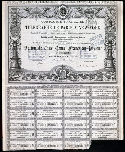 Telegraphy, General Paris-New York Telegraph részvényigazolás, 1879. március 27 alkotó: Unbekannt