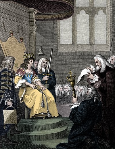 Az Anglia és Skócia közötti egyesülési törvényt Anne királynő előtt olvasták, 1826-ban alkotó: Unbekannt