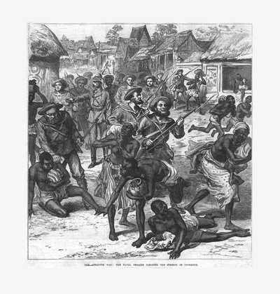 Az Ashantee háború: a haditengerészeti brigád megtisztítja Coomassie utcáit, 1874. alkotó: Unbekannt