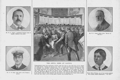 The Awful News at Lloyds, a Titanic fedélzetén tartózkodók némelyikének portréival, 1912. április 20. alkotó: Unbekannt