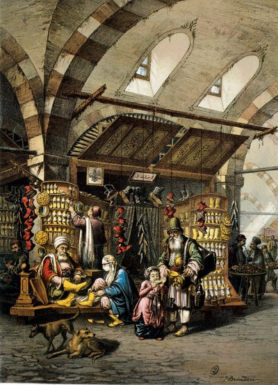A konstantinápolyi bazár (souk), színes litográfia alkotó: Unbekannt