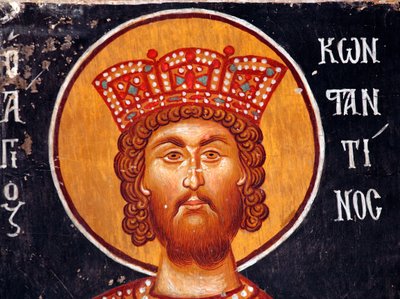 A bizánci freskó a 15. századból (Részlet): Konstantin császár falfestménye Mihály arkangyal templom Pedoulasban Ciprus Festett templomok UNESCO-hely Troodos, Ciprus alkotó: Unbekannt