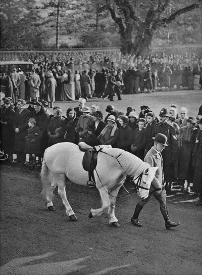 Az üres nyereg: King Georges fehér póni, Jock, körmenetben vezetik, 1936 alkotó: Unbekannt