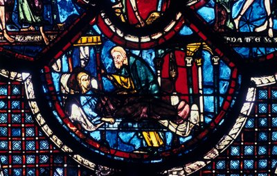 Az irgalmas szamaritánus gondoskodik a zarándokról, ólomüveg, Chartres-i katedrális, Franciaország, 1205-1215 alkotó: Unbekannt