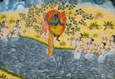 A gópik könyörögnek Krsnához, hogy adják vissza ruhájukat, oldal a Bhagavata Puránából..., kb. 1610. alkotó: Unbekannt