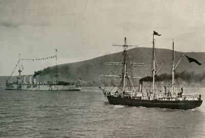A Nimród elhaladó H.M.S. Erőteljes,...Lyttelton kikötőben, 1908. január 1-jén, 1909. alkotó: Unbekannt