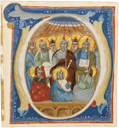 A pünkösd. Kezdeti O egy antifonerből, kb 1320 alkotó: Unbekannt