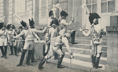 A porosz nemesi gárda élesíti kardját a berlini francia nagykövetség lépcsőjén, 1896 alkotó: Unbekannt