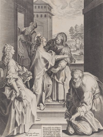 A vizitáció, a Szűz és a Szent Erzsébet ölelkezve a közepén, mellette más f..., 1589. alkotó: Unbekannt