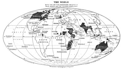 A világ tömör feketével jelölt brit birtokokkal és aláhúzott szigetekkel, 1924 alkotó: Unbekannt