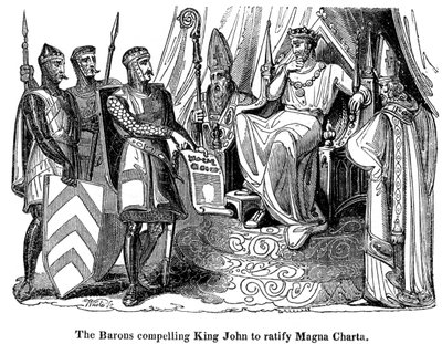 A bárók arra kényszerítették János királyt 1167-1216 között, hogy ratifikálja a Magna Cartát, 1215 alkotó: Unbekannt