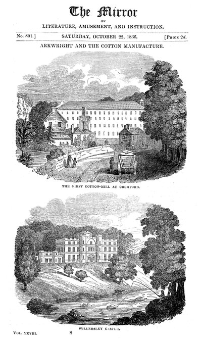 Az első gyapotgyár Cromfordban, Derbyshire és Richard Arkwrights háza, 1836 alkotó: Unbekannt