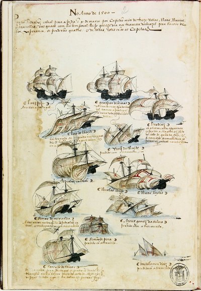 Pedro Álvares Cabral flottája 1500-ban. Livro das Armadasból, 1568 körül. alkotó: Unbekannt