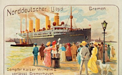 Az óriás SS Kaiser II Wilhelm 1905-ben a németországi Bremerhaven rakpartjáról húzódik le. alkotó: Unbekannt