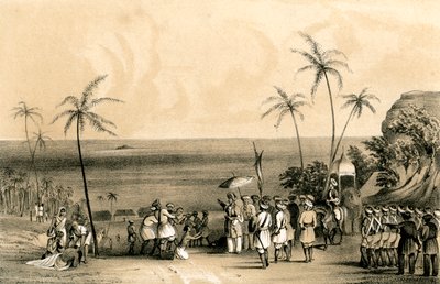 Calicut kereskedőit Tippoo Saib 1847-es parancsára lefoglalták és egy kopár sziklához láncolták alkotó: Unbekannt