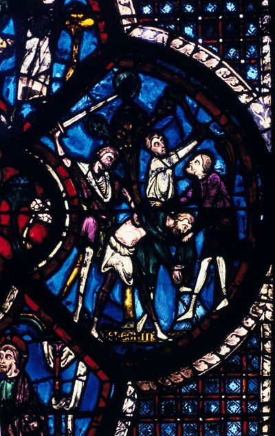 A tolvajok által megtámadt zarándok, ólomüveg, Chartres-i katedrális, Franciaország, 1205-1215 alkotó: Unbekannt