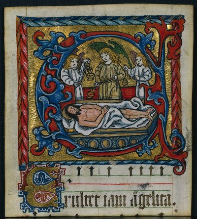 Három kivágás egy misekönyvből: E kezdetű a sír angyalaival, c. 1470-1500. alkotó: Unbekannt