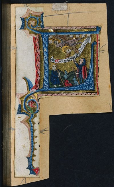 Három kivágás egy misekönyvből: L kezdőbetűvel a pásztorok üdvözletével, c. 1470-1500. alkotó: Unbekannt