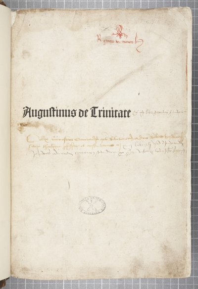 A De trinitate és a De Civitate Dei cum commento címlapja, Hippói Ágoston írta (toll és tinta papíron) alkotó: Unbekannt
