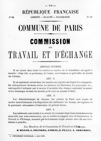 Travail et DEchange, a Párizsi Kommün francia politikai plakátjaiból, 1871. május alkotó: Unbekannt