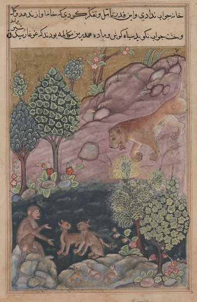 Tuti-Nama Mesék egy papagájról: XXIX. mese, Az oroszlán visszatér a területére és lát, c. 1560. alkotó: Unbekannt