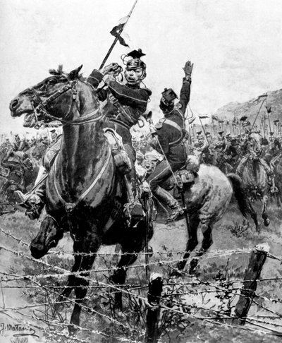 Az ulánokat szögesdróttal ellenőrizték a belgiumi Liege közelében, első világháború, 1914 alkotó: Unbekannt