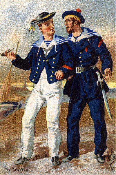 V: Tengerészek. Metszet "Katonai ábécé"-ben. Az illusztrátor kezdőbetűi: A. D. Ismeretlen kiadó. Kromolitográfia a 19. század végén. Mérete: 10,5x7 cm. alkotó: Unbekannt