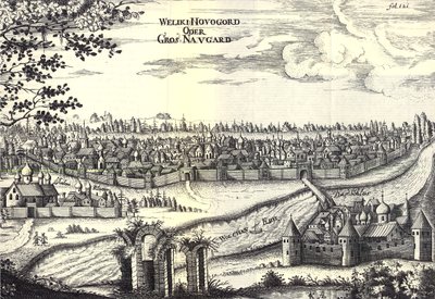 Velikij Novgorod illusztrációja Adam Olearius utazásaiból Moszkva nagyhercegéhez és Perzsia királyához, 1656 alkotó: Unbekannt