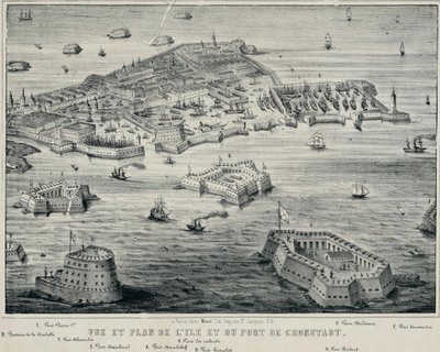 Kilátás és terv a szigetről és Kronstadt kikötőjéről, c. 1850 alkotó: Unbekannt
