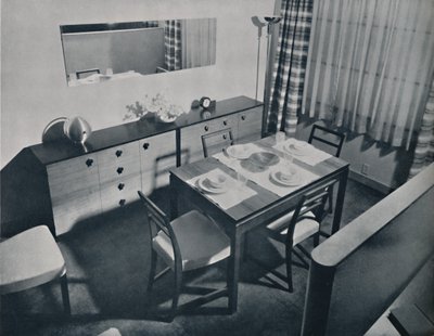 Kilátás a nappali-étkezőben, amelyet Gilbert Rohde tervezett, 1936 alkotó: Unbekannt
