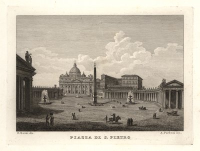 Kilátás a Szent Péter térre, a Piazza di S. Pietro-ra, a Szent Péter-bazilikával és az ókori egyiptomi obeliszkkel alkotó: Unbekannt