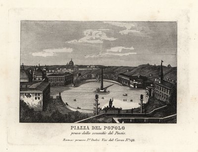Kilátás a Piazza del Popolo térre, a Place du Peuple-re, II. Ramszesz egyiptomi obeliszkjével Heliopolisból, a római Pincian-hegy csúcsáról alkotó: Unbekannt