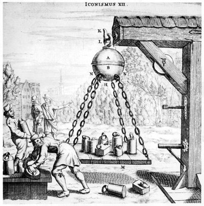 Von Guerickes bemutatója a légnyomás erejéről, 1672 alkotó: Unbekannt