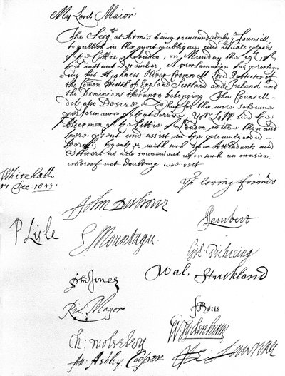 Az Államtanács parancsa a londoni főpolgármesterhez, amely azt kívánja, hogy ő és az Aldermen vegyen részt Oliver Cromwellnek az Anglia, Skócia, Írország és a Dominions lord protektorává nyilvánításán december 19-én. alkotó: Unbekannt