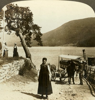 Amikor a tó gőzhajója megérkezik a Tinoseti mólóhoz – kilátás Tinsjon át a dombokra, Norvégia, 1905. alkotó: Unbekannt