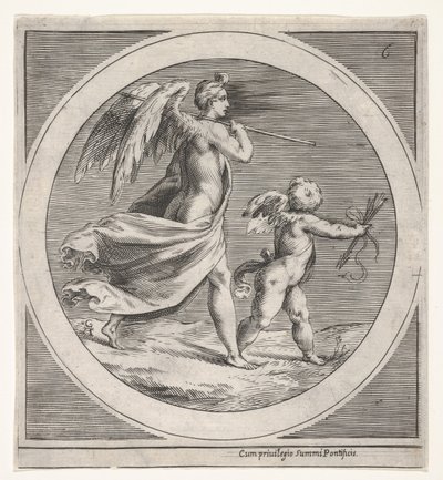 Szárnyas női alak, leterítve és bottal, szárnyas puttó mögött lépdelve..., kb. 1550-1600. alkotó: Unbekannt