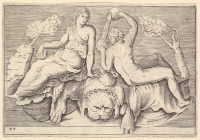 Woman and Man Seated on Lionskin, Man Pouring Wine, megjelent kb. 1599-1622. alkotó: Unbekannt