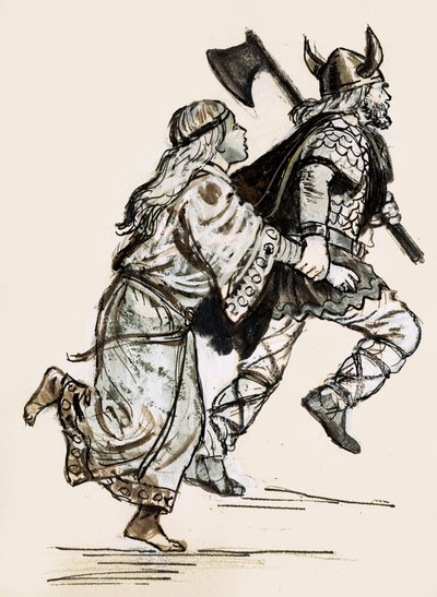 A nőt elrángatja egy viking portyázó (guache papíron) alkotó: Unbekannt